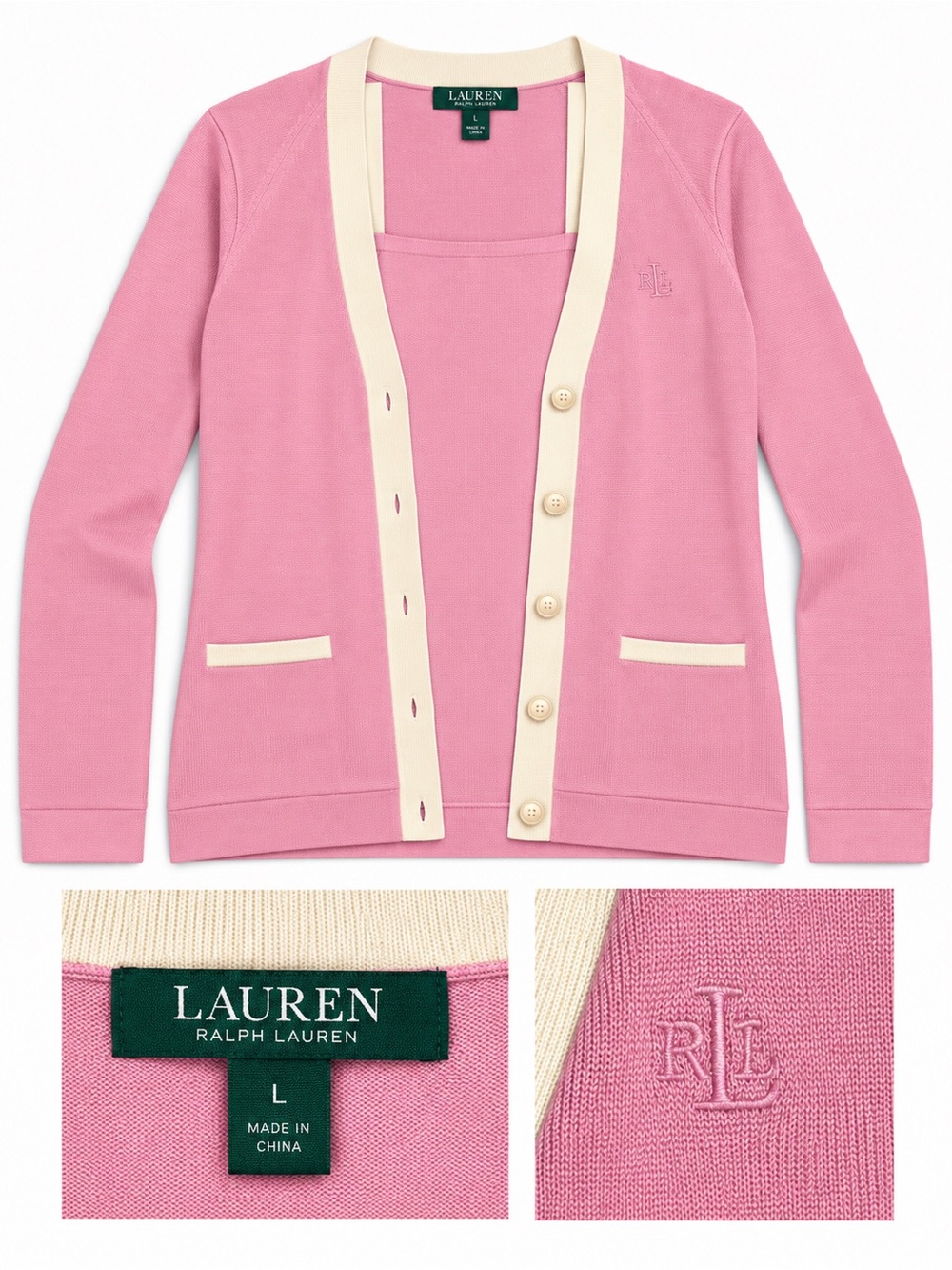 Ralph Lauren Pink Cardigan Blazer & Tank top 2pc Set Large L Vintage Cream Trim